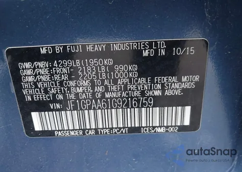 2016 Subaru Impreza 2.0I from USA, damaged, VIN JF1GPAA61G9216759